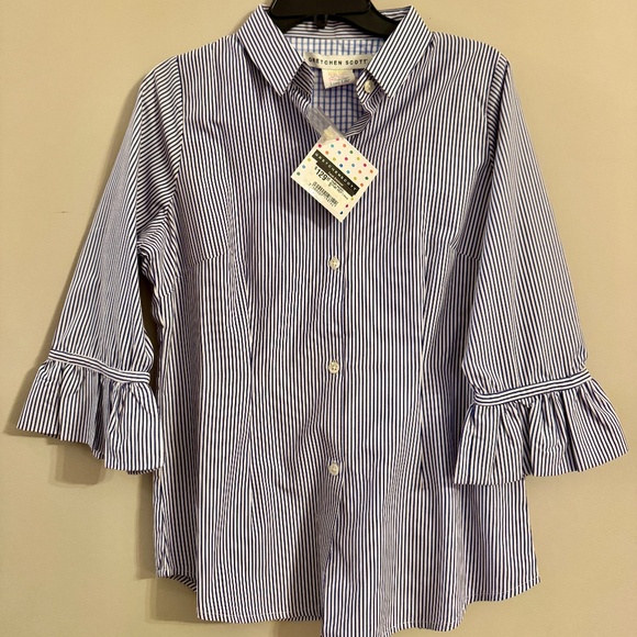 NWT Gretchen Scott Priss Brooks Navy & White Striped Ruffle Cuff Blouse – Medium - Picture 1 of 5